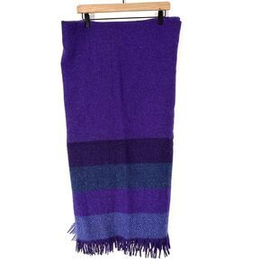 Avoca Handweavers Throw Blanket Ireland Purple Pure Wool Pile Plaid Fringe VTG